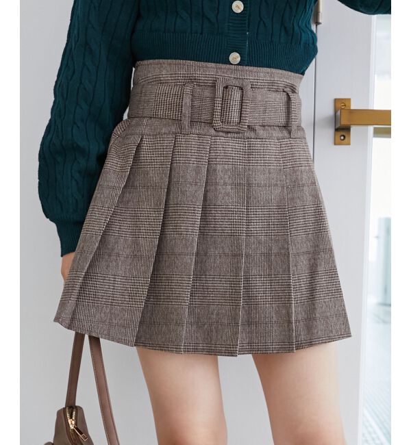 MAJESTICLEGON「ベルトセットプリーツミニスカパン」|スカート|ブラウン柄