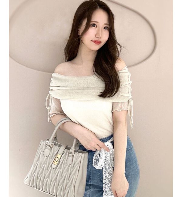  「&infin;ラメチュールオフショル半袖トップス」|Tシャツ・カットソー|