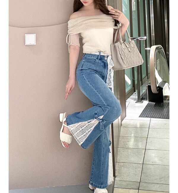  「&infin;ラメチュールオフショル半袖トップス」|Tシャツ・カットソー|