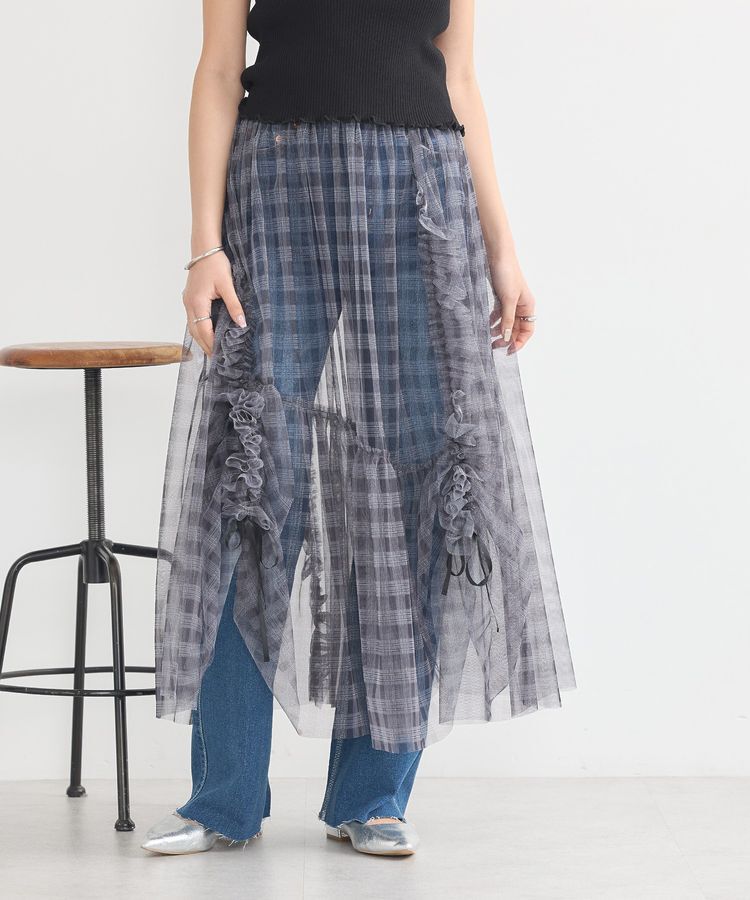 earth music&ecology「チュールアシンメトリーフリルスカート」|フレア|