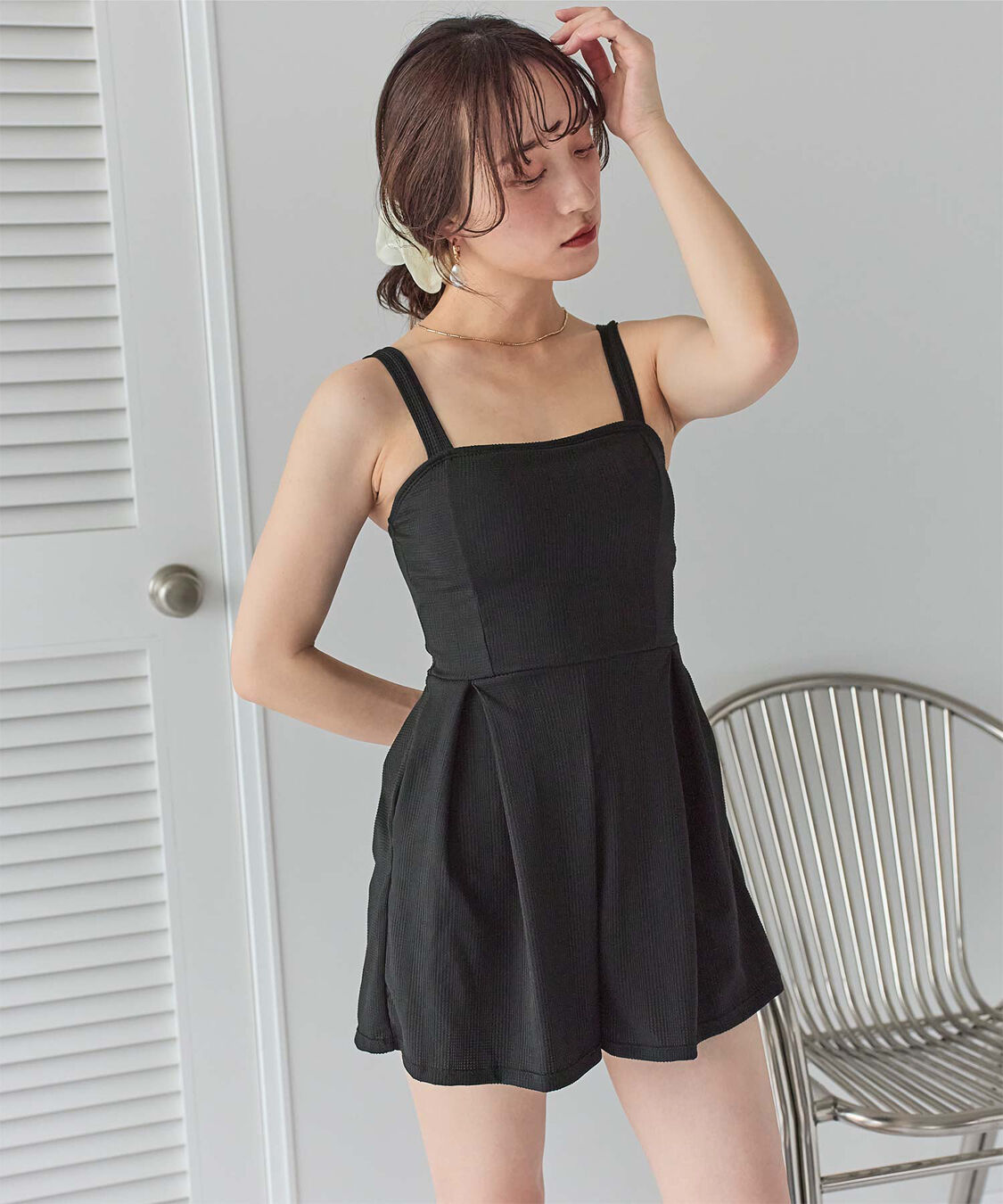 SEA DRESS「チェック素材ロンパース/ワンピース/セット水着」|コンビネゾン|ブラック