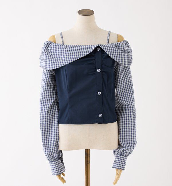  「バックレースアップ配色オフショルブラウス」|シャツ・ブラウス|ネイビー