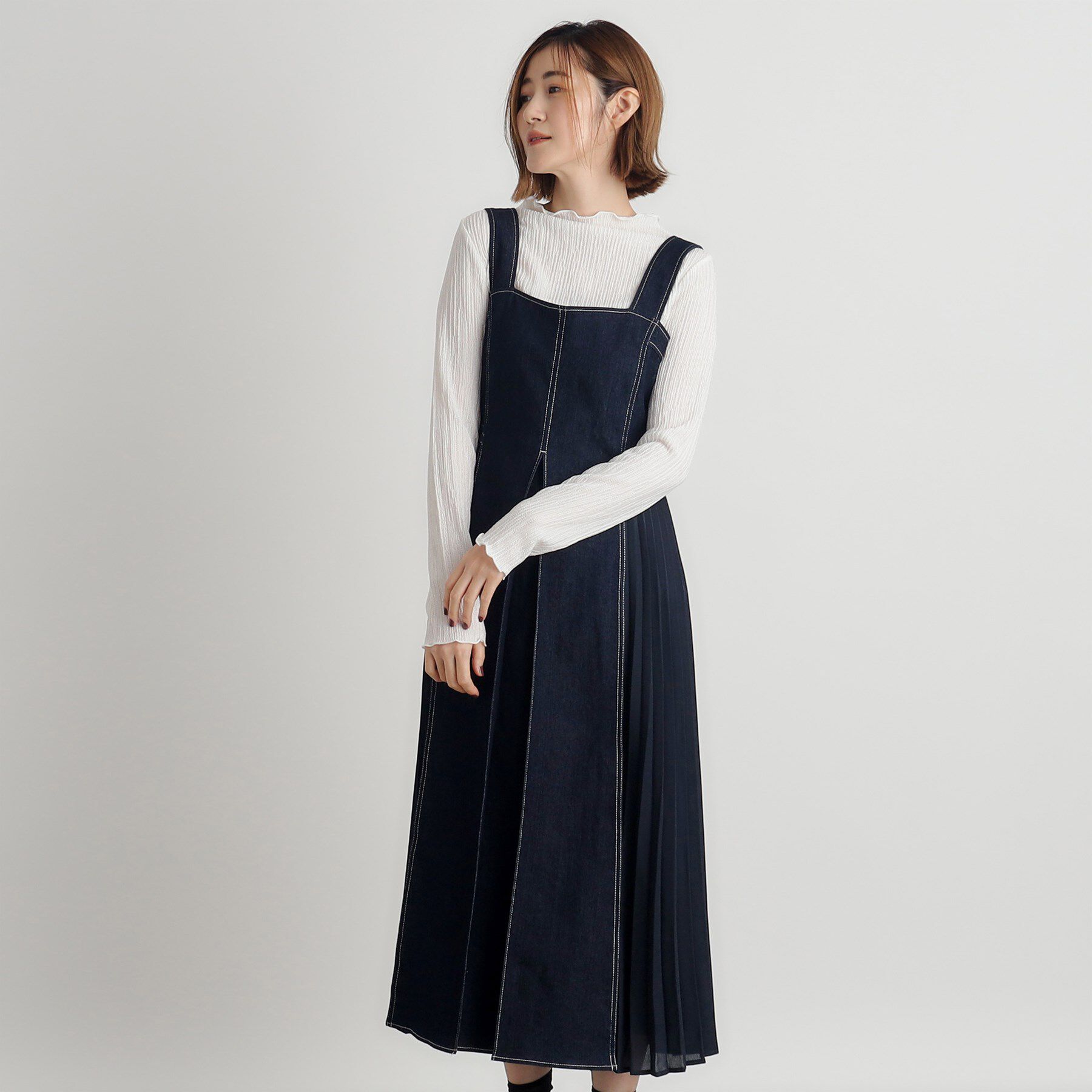 grove「デニムサイドプリーツジャンドレ」|ワンピース|
