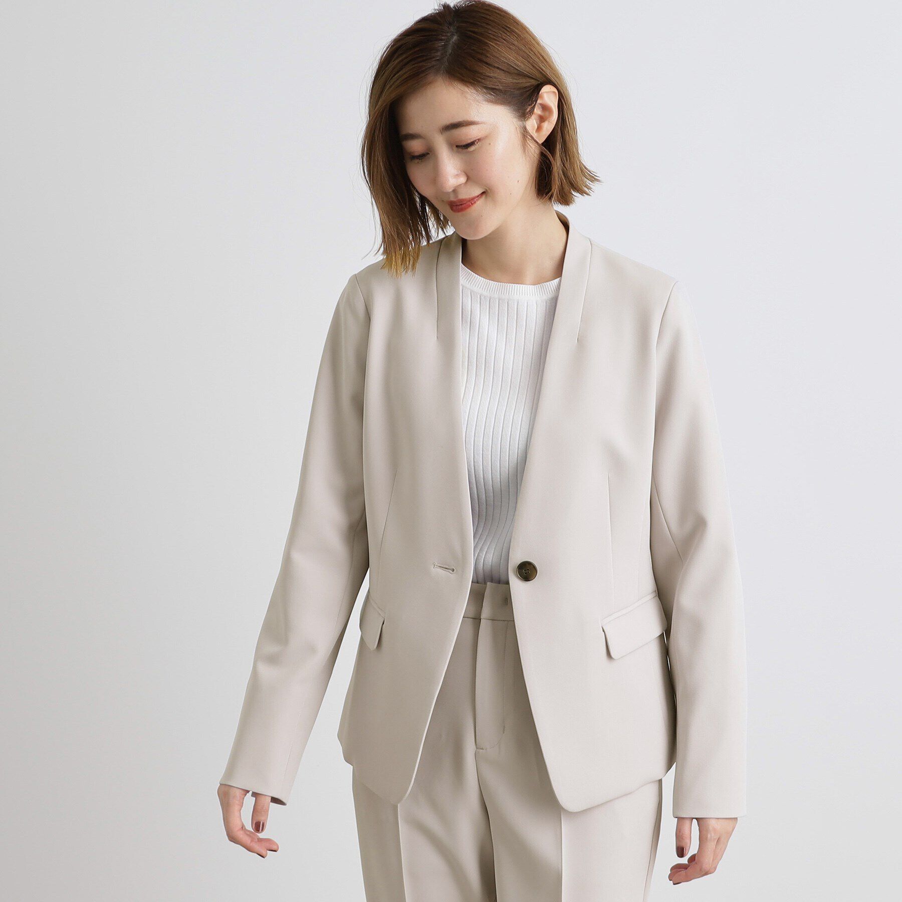 grove「しなやかストレッチ イージーケアジャケット」|ノーカラージャケット|