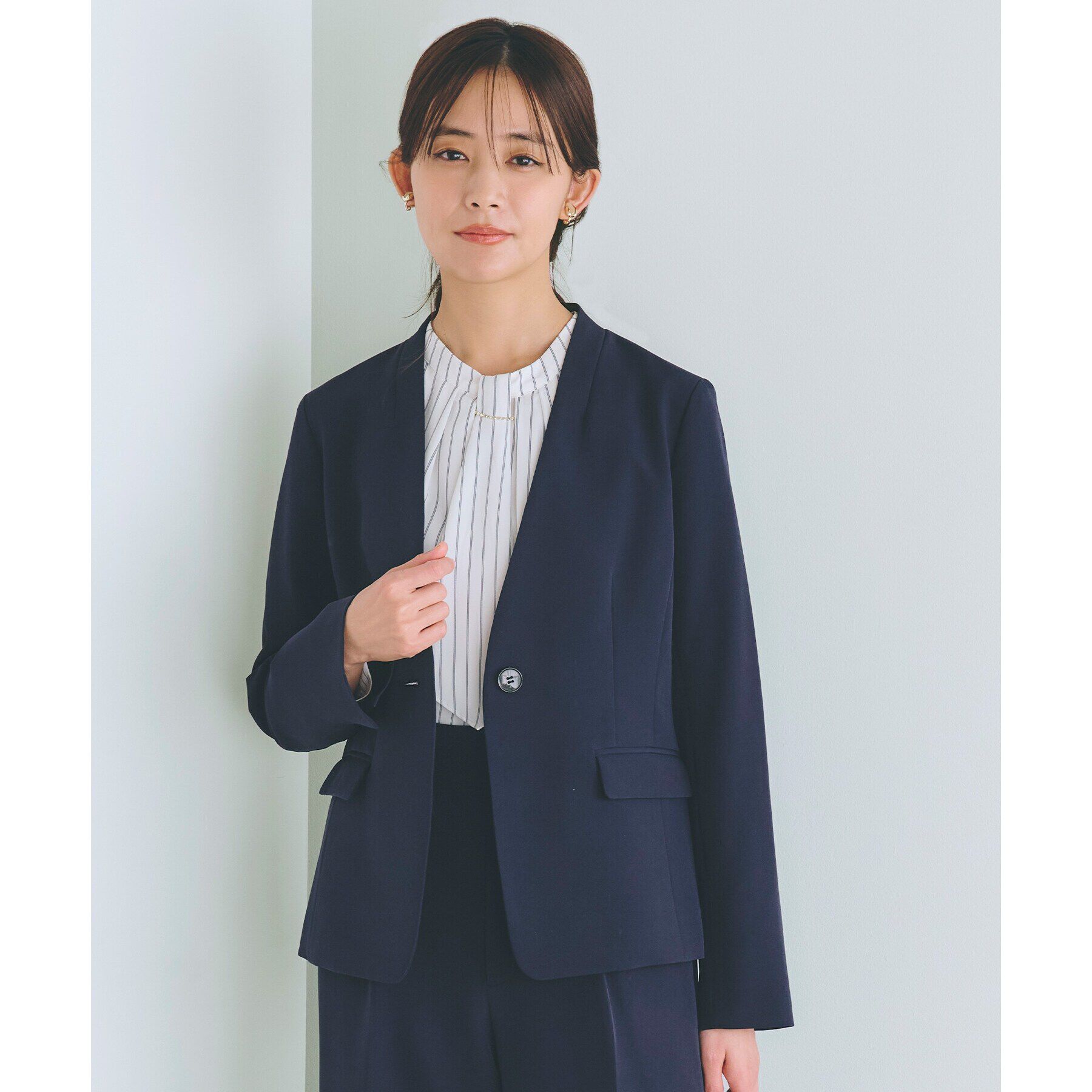 grove「しなやかストレッチ イージーケアジャケット」|ノーカラージャケット|ネイビー(094)