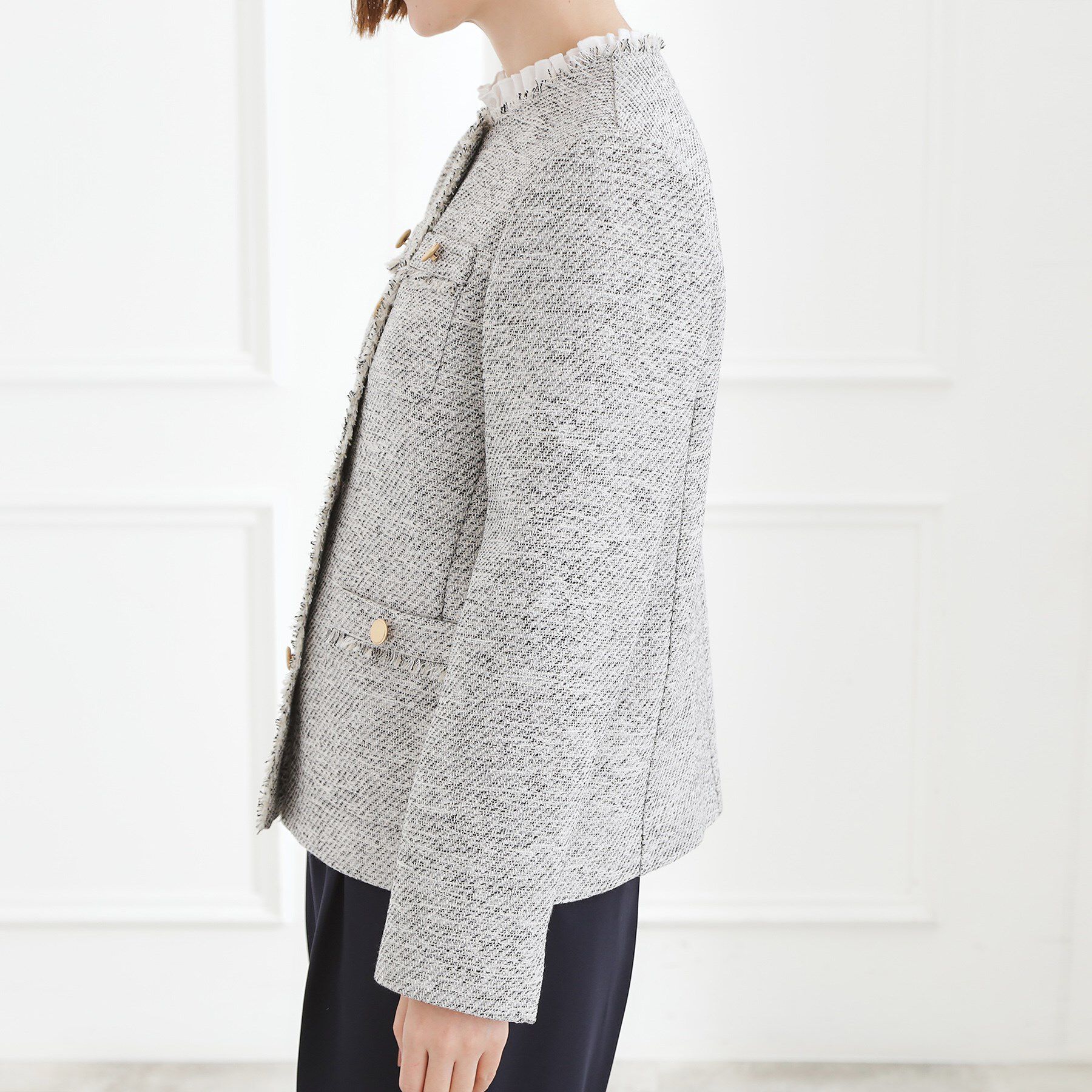 grove「【ハレの日・通勤】きちんとからカジュアルまで着回せる、ミドル丈ツイードジャケット」|ノーカラージャケット|