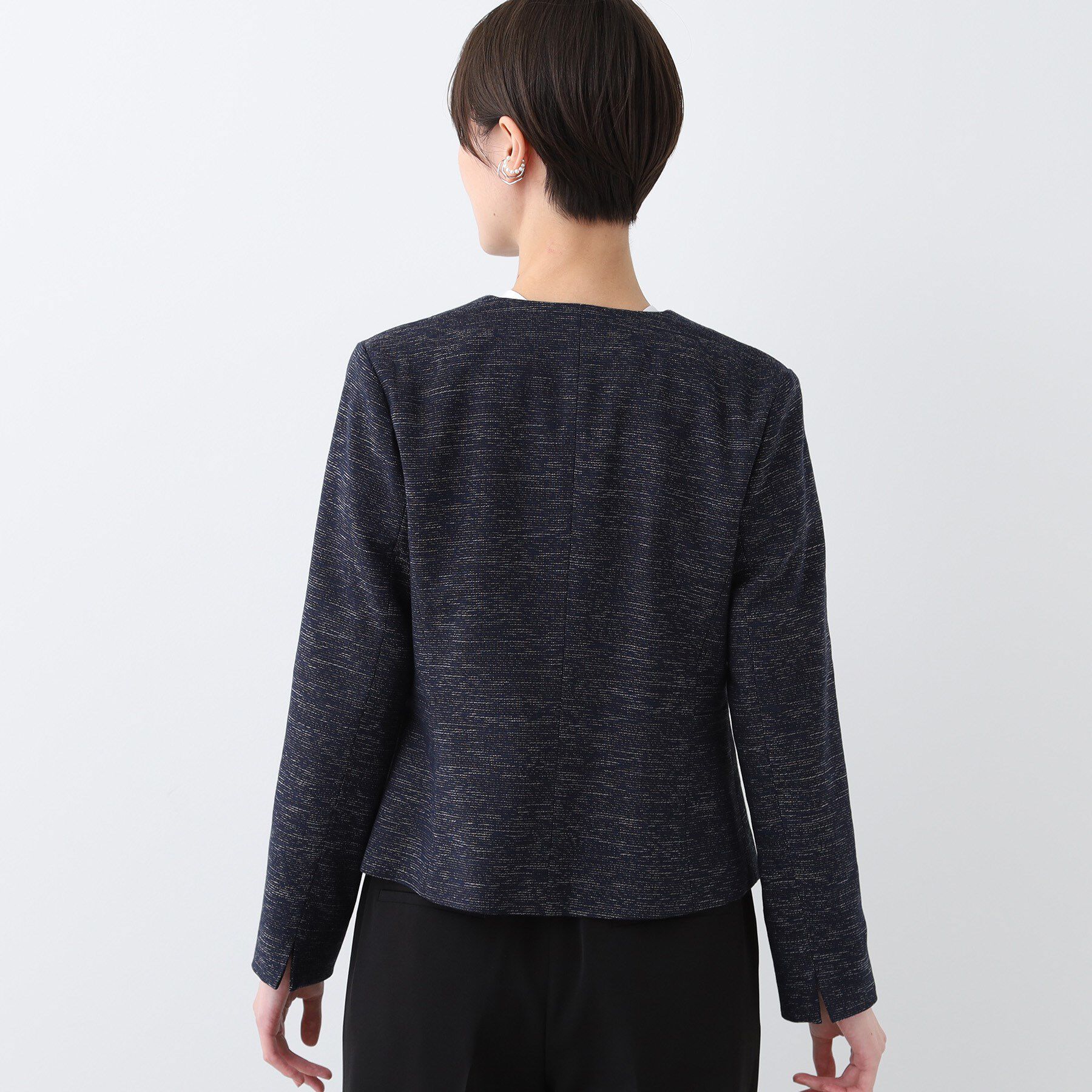 INDIVI「【洗える】ストレッチツィードジャケット」|ノーカラージャケット|