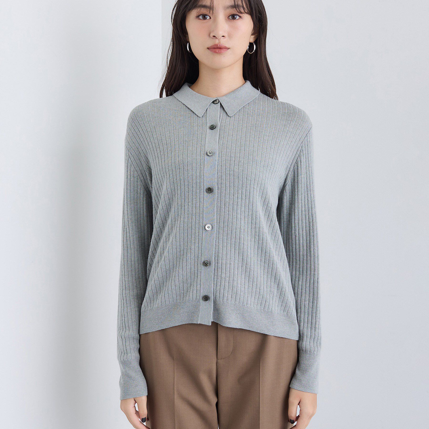 INDIVI「【トレンド】衿付きワイドリブニット」|カーディガン|