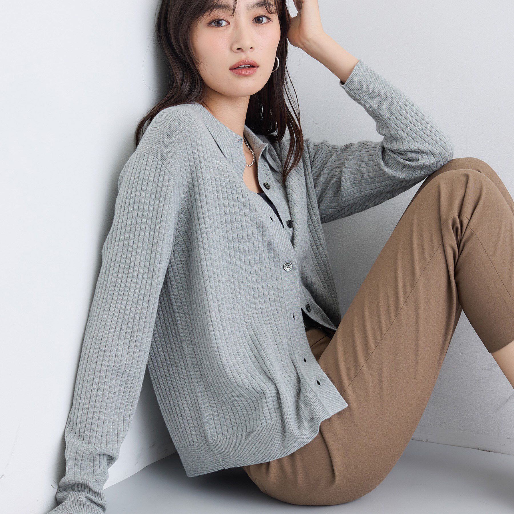 INDIVI「【トレンド】衿付きワイドリブニット」|カーディガン|グレー(912)