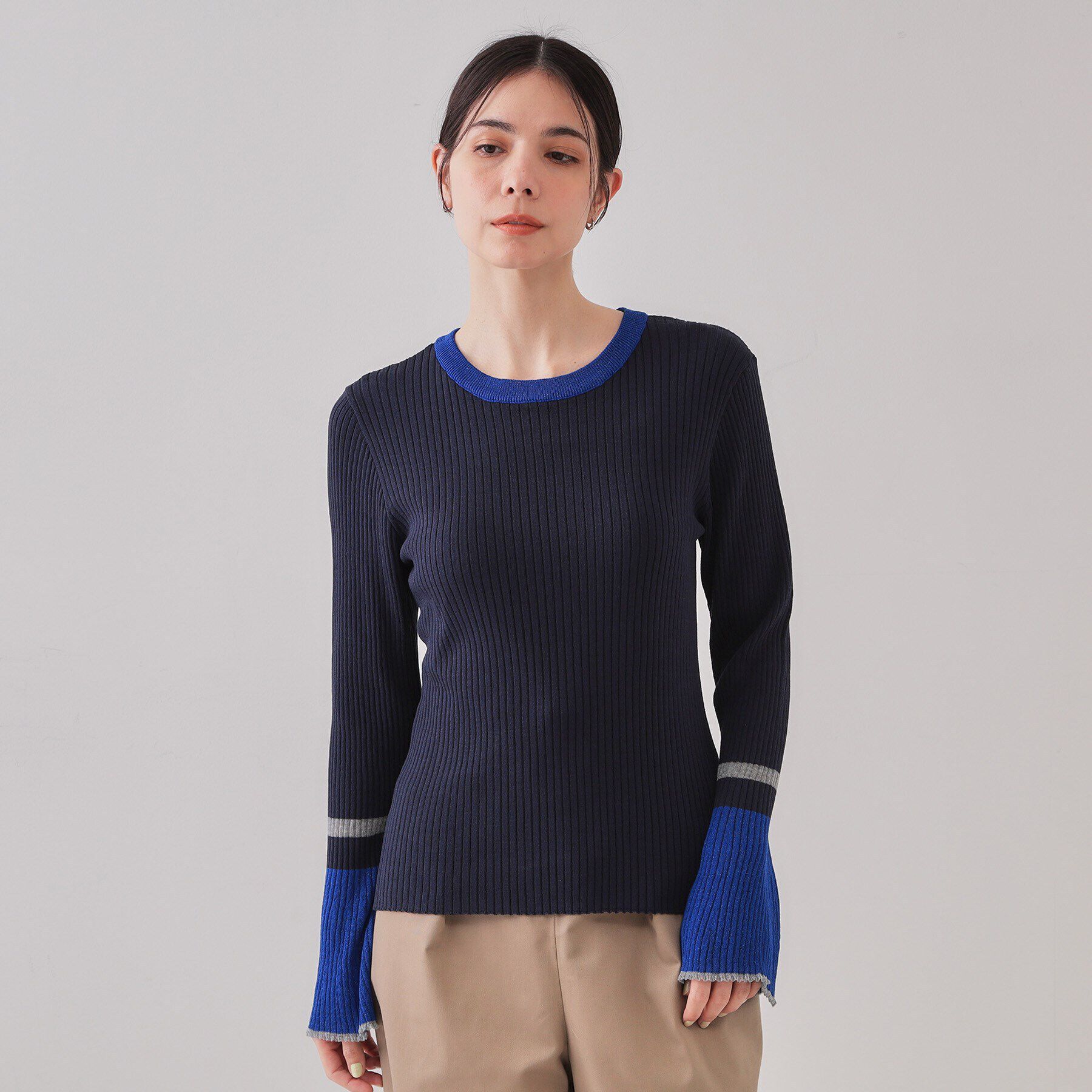 OPAQUE.CLIP「配色フレアスリーブワイドリブニット【洗濯機洗い可】」|ニット・セーター|