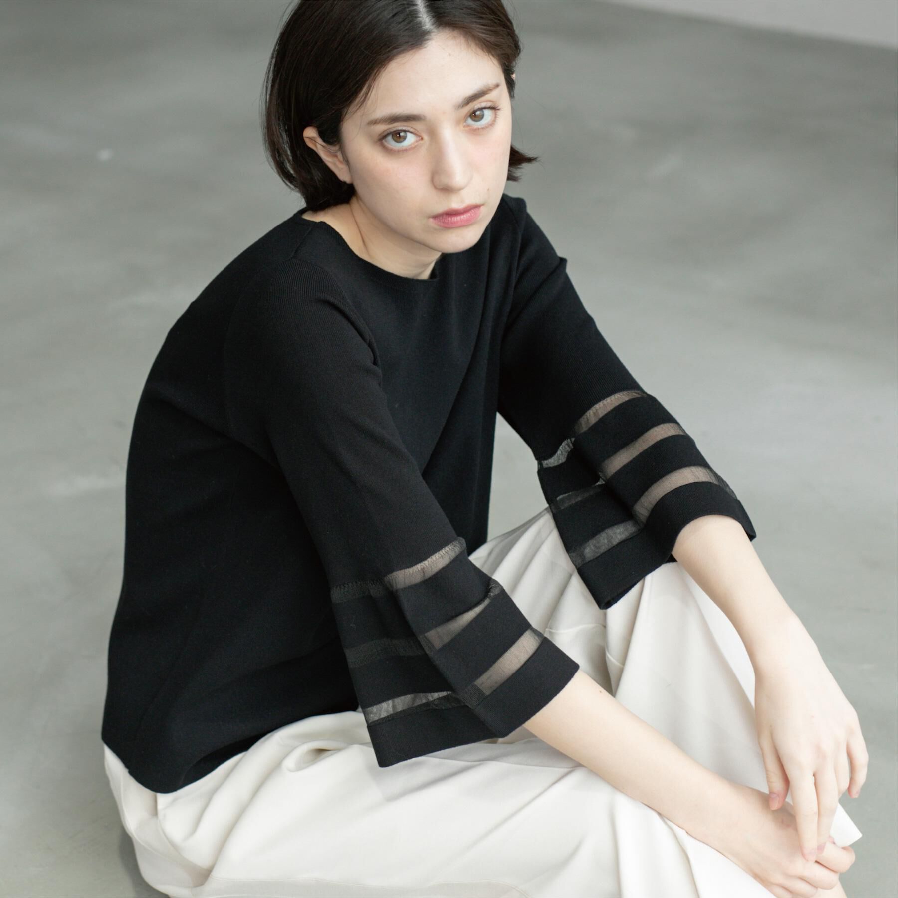 OPAQUE.CLIP「《6色展開》シアーボーダーフレアスリーブニット【洗濯機洗い可】」|ニット・セーター|