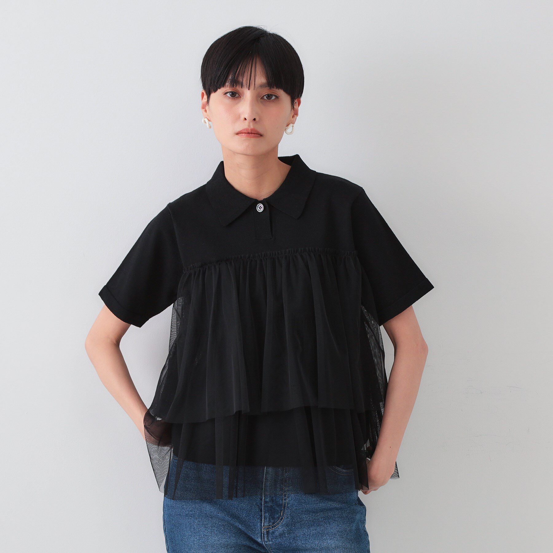 OPAQUE.CLIP「チュールティアードドッキングポロニット【洗濯機洗い可】」|ニット・セーター|