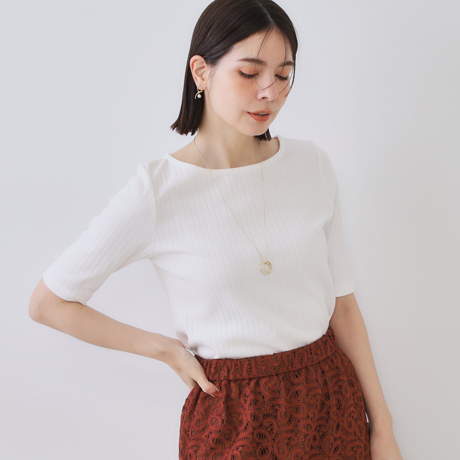 OPAQUE.CLIP「汗染み防止 ボートネックリブカットソー【洗濯機洗い可/抗ピル】」|Tシャツ・カットソー|ホワイト(001)