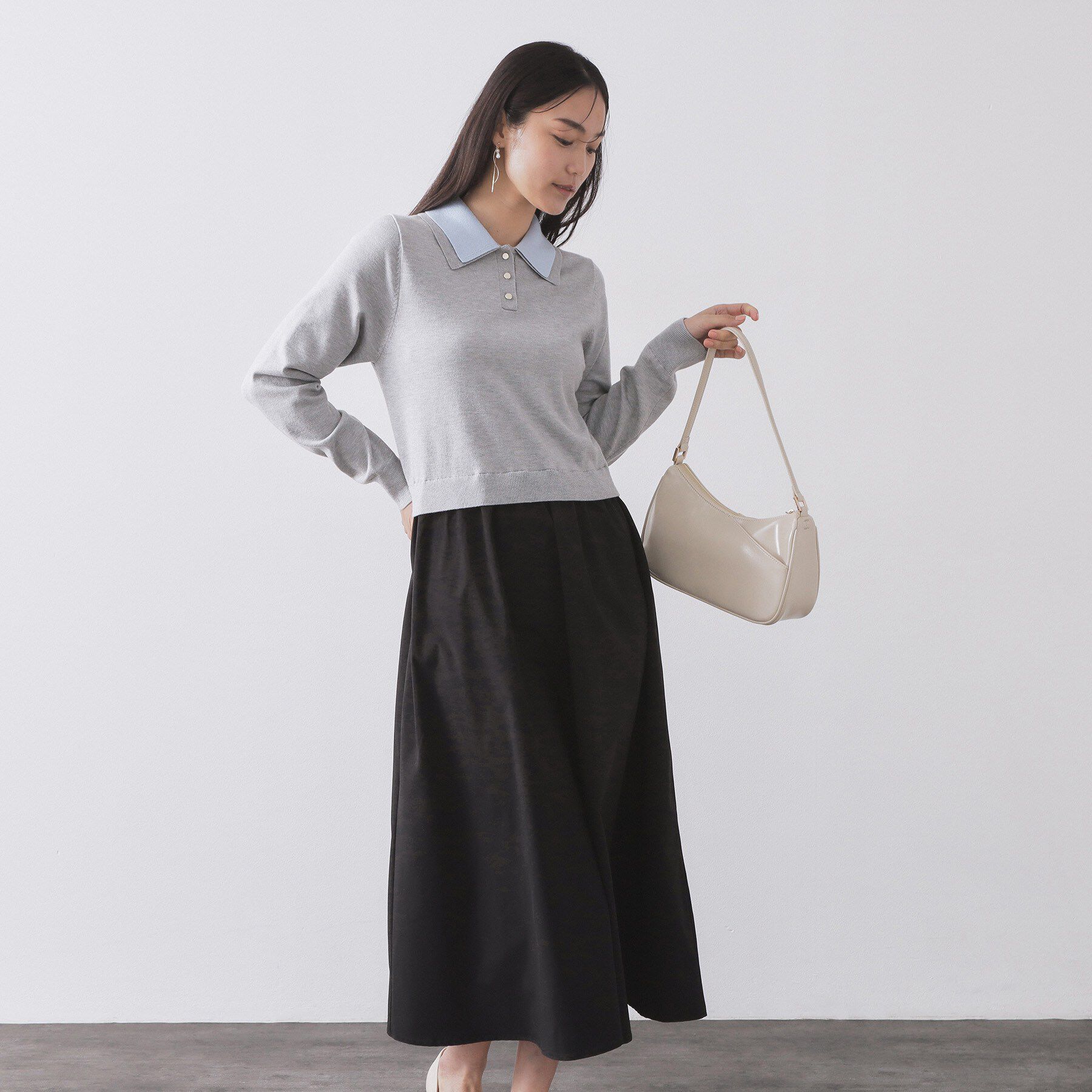 OPAQUE.CLIP「ダブルポロ衿ニットドッキングワンピース【洗濯機OK】」|ワンピース|グレー(512)