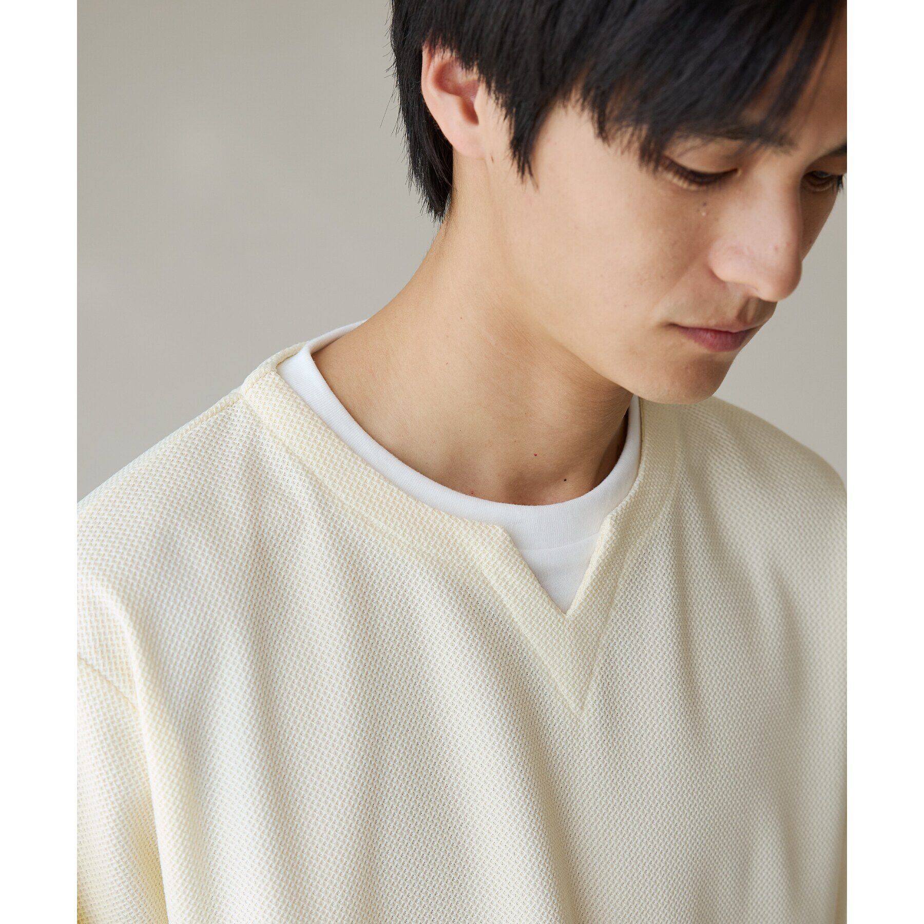 THE SHOP TK「バスケット編みキーネックTシャツ」|Tシャツ・カットソー|アイボリー(004)