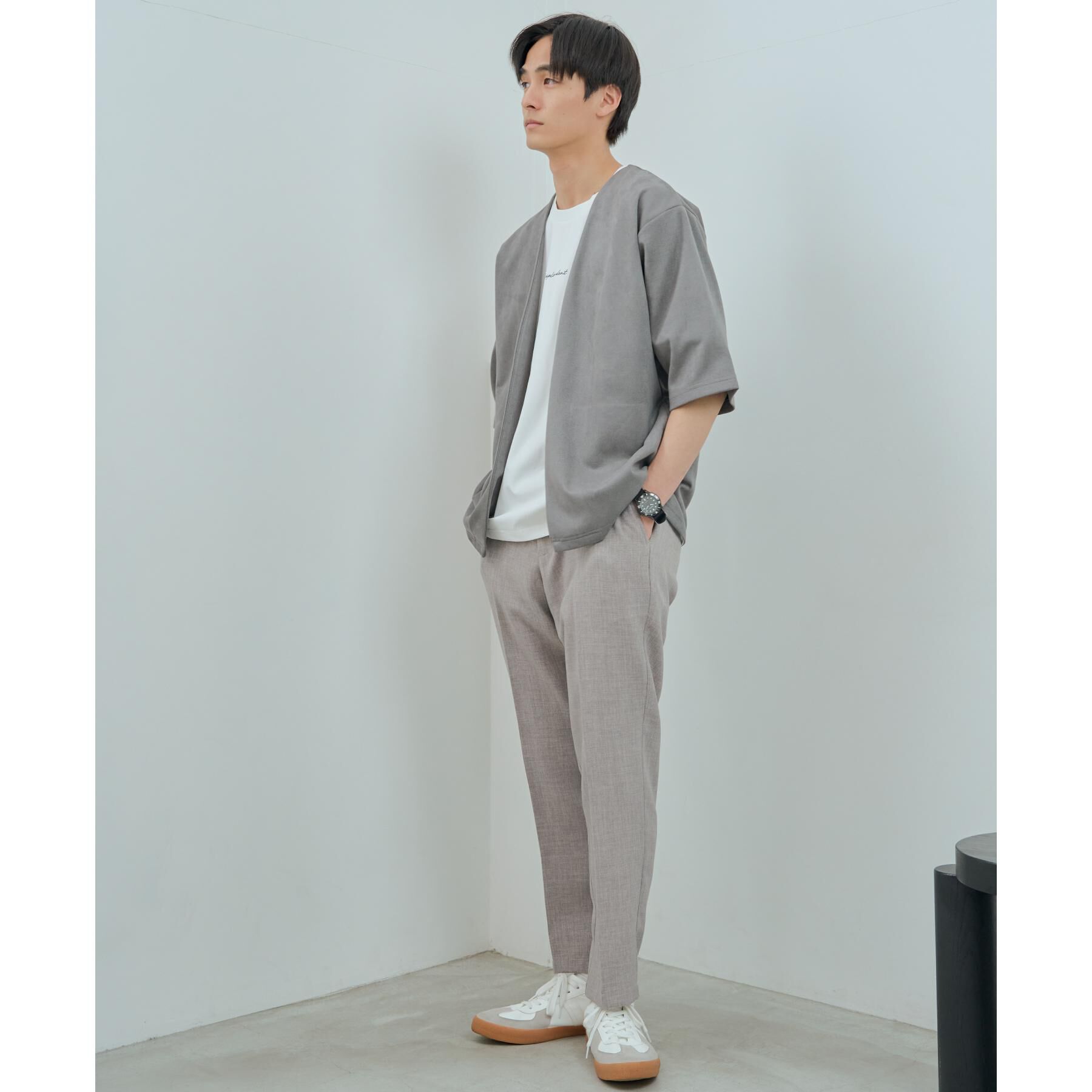 THE SHOP TK「フェイクスウェードアンサンブルカーディガン【五分袖カーディガン＋半袖Tシャツセットアイテム】」|カーディガン|