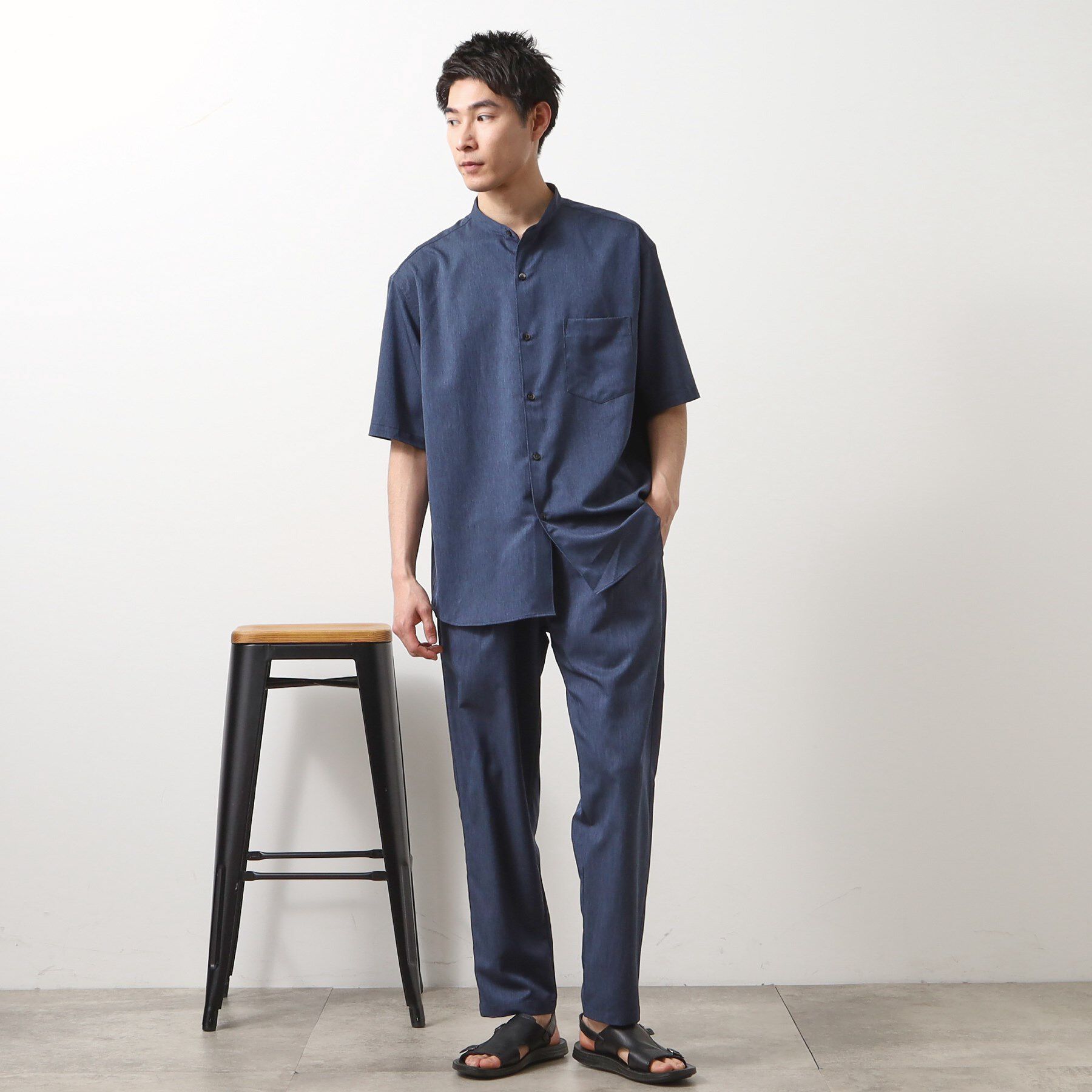 THE SHOP TK「クールファイバーバンドカラー半袖シャツ　接触冷感／吸水速乾／UVケア／軽量／セットアップ可」|シャツ・ブラウス|