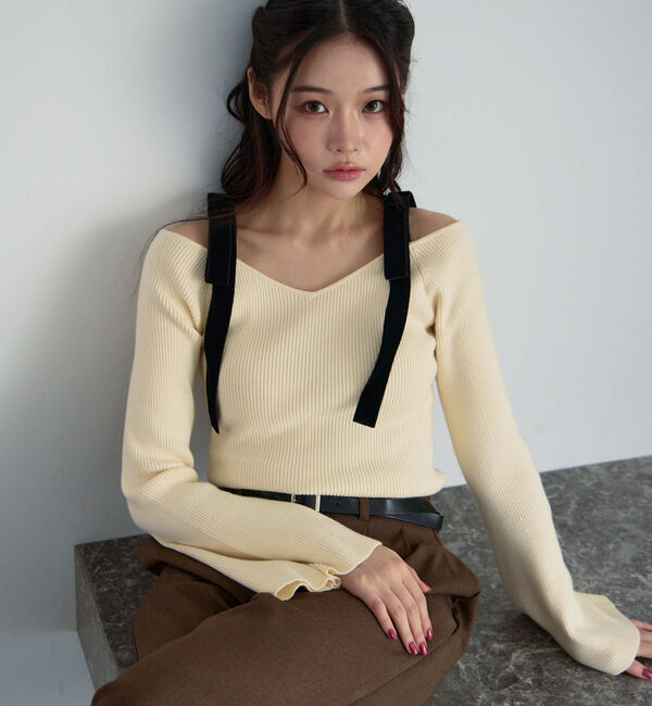 archives「ベロア肩リボンオフショルニットプルオーバー」|ニット・セーター|IVORY