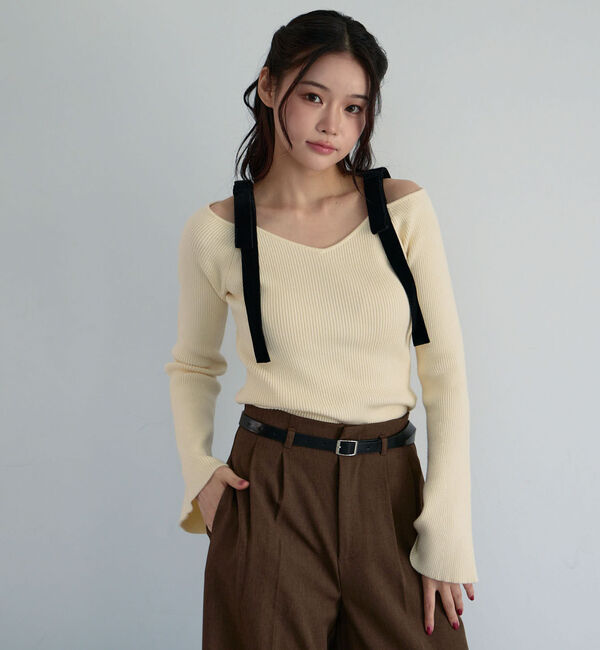 archives「ベロア肩リボンオフショルニットプルオーバー」|ニット・セーター|