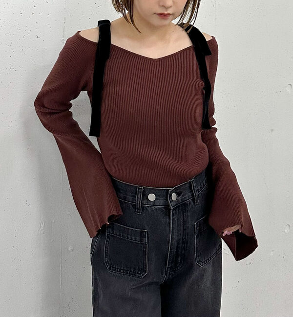 archives「ベロア肩リボンオフショルニットプルオーバー」|ニット・セーター|BROWN