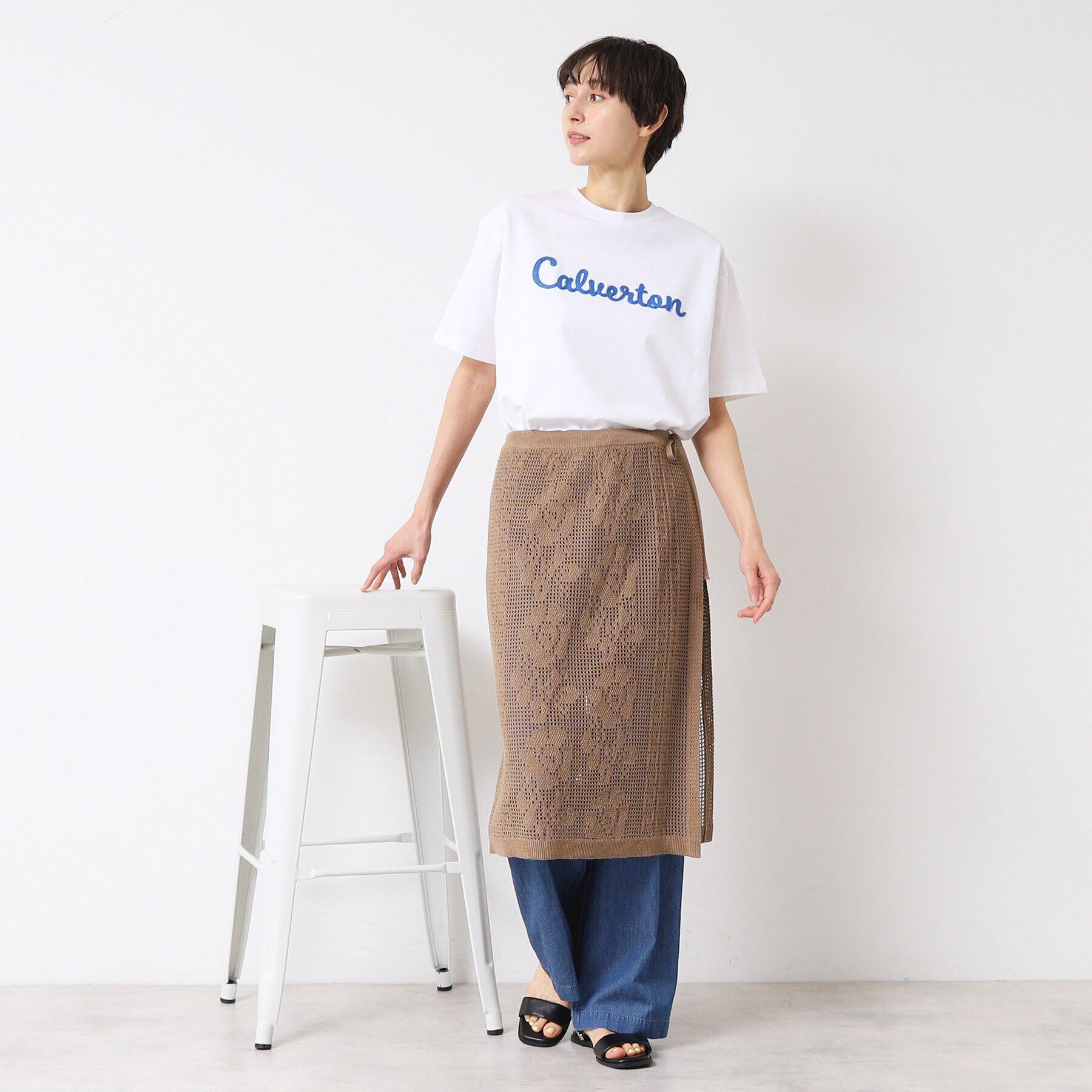 Dessin「【洗える】フラワー柄ニット巻き風スカート」|スカート|