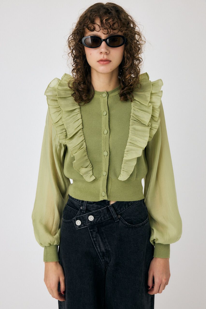 MOUSSY「WOVEN FRILLS カーディガン」|ニット・セーター|L/GRN1