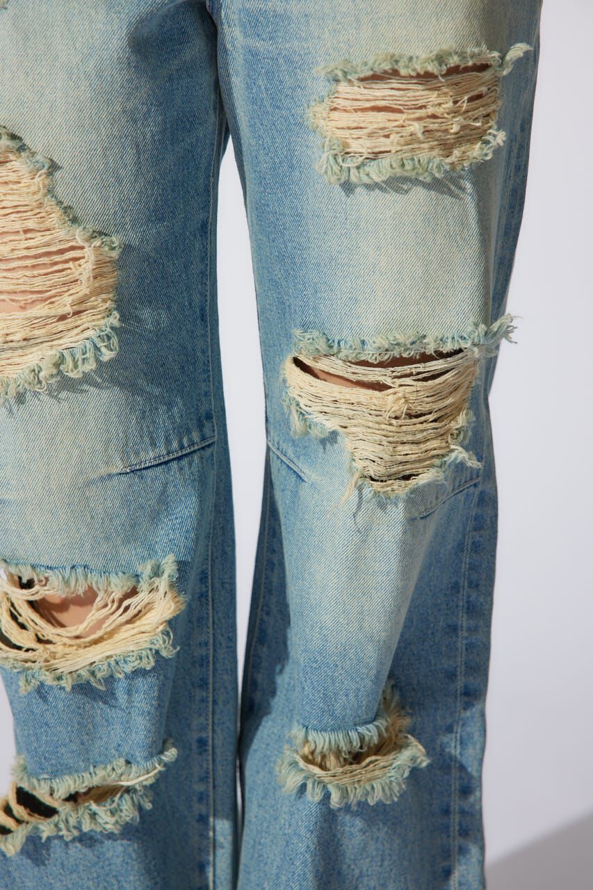 rienda「クラッシュワイドジャストウエストデニムパンツ」|デニム|