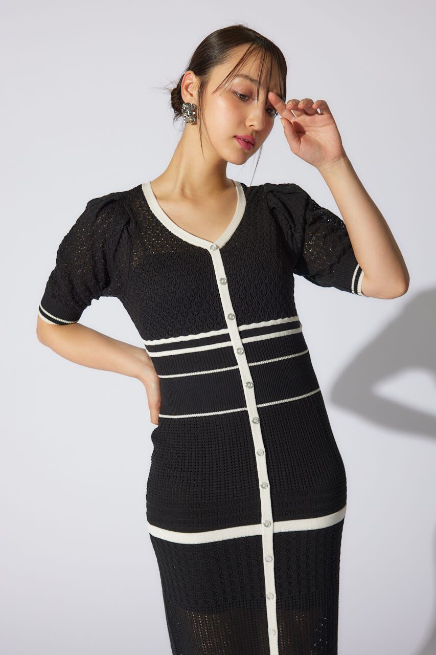 rienda「2WAYフリンジライン配色クロシェニットワンピース」|ワンピース|