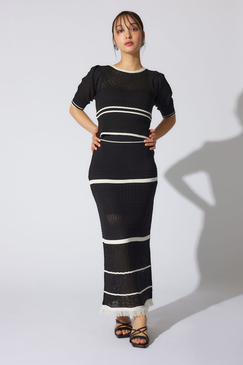 rienda「2WAYフリンジライン配色クロシェニットワンピース」|ワンピース|