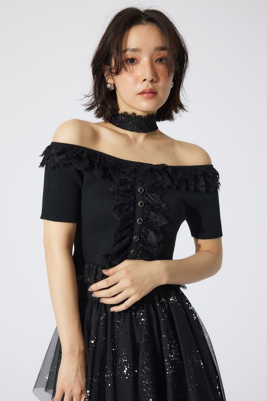 rienda「レースコンビリブニットトップス」|ニット・セーター|BLK
