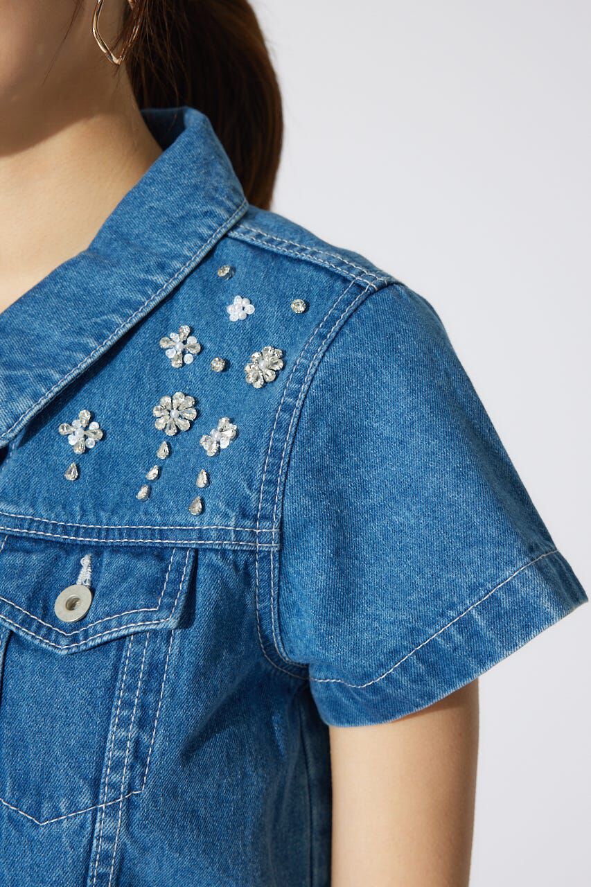 rienda「ミックスフラワービジューショートジャケット」|デニムジャケット|