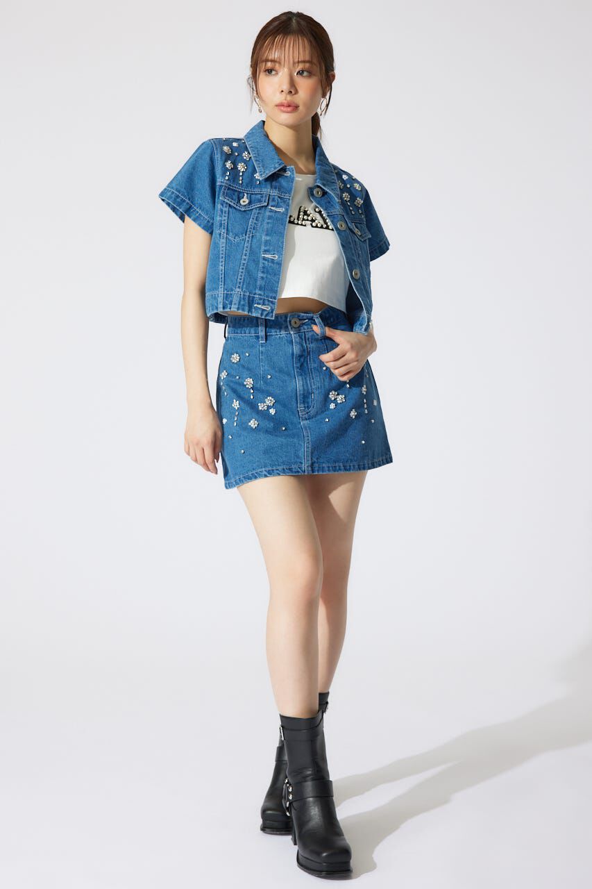 rienda「ミックスフラワービジューショートジャケット」|デニムジャケット|