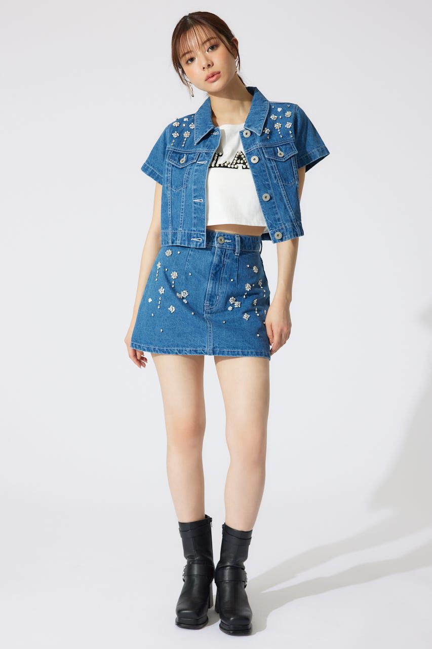 rienda「ミックスフラワービジューショートジャケット」|デニムジャケット|