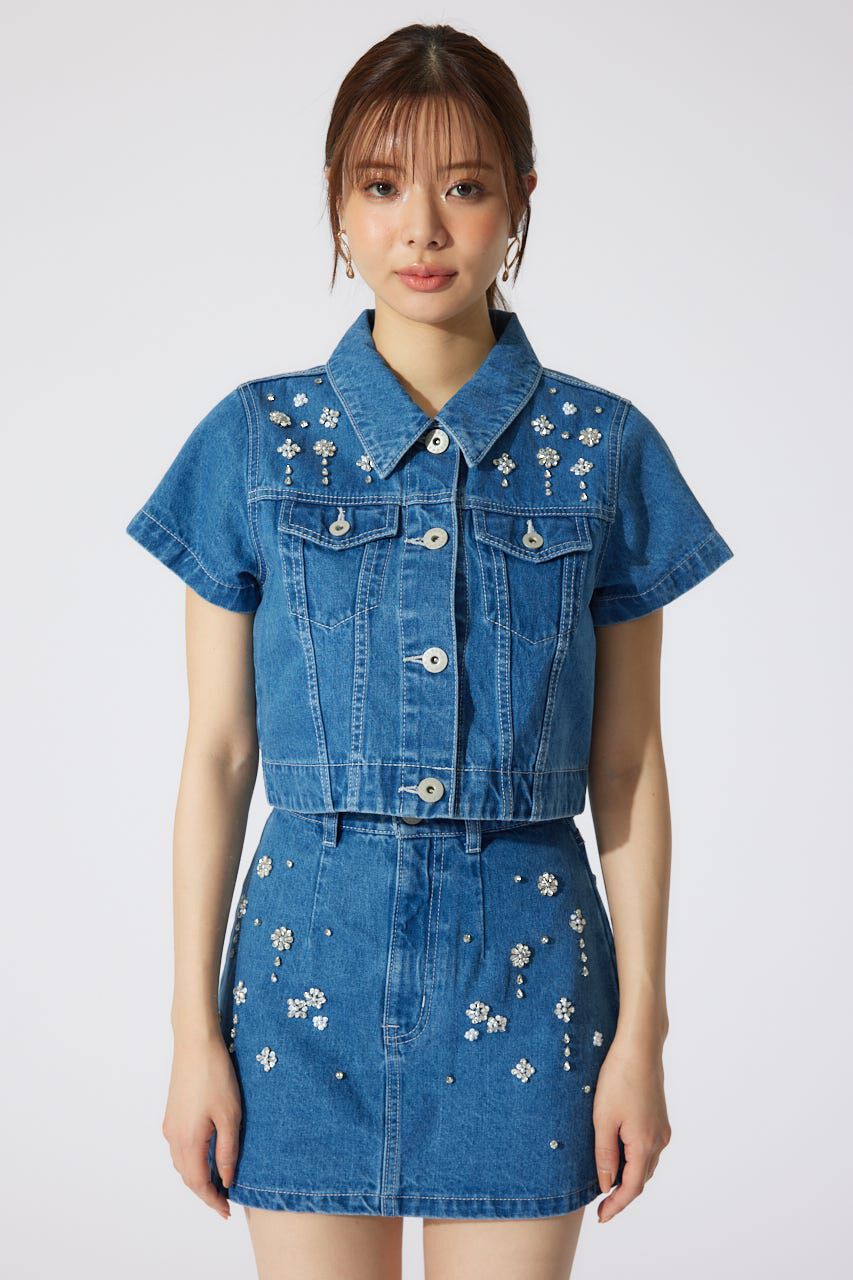rienda「ミックスフラワービジューショートジャケット」|デニムジャケット|