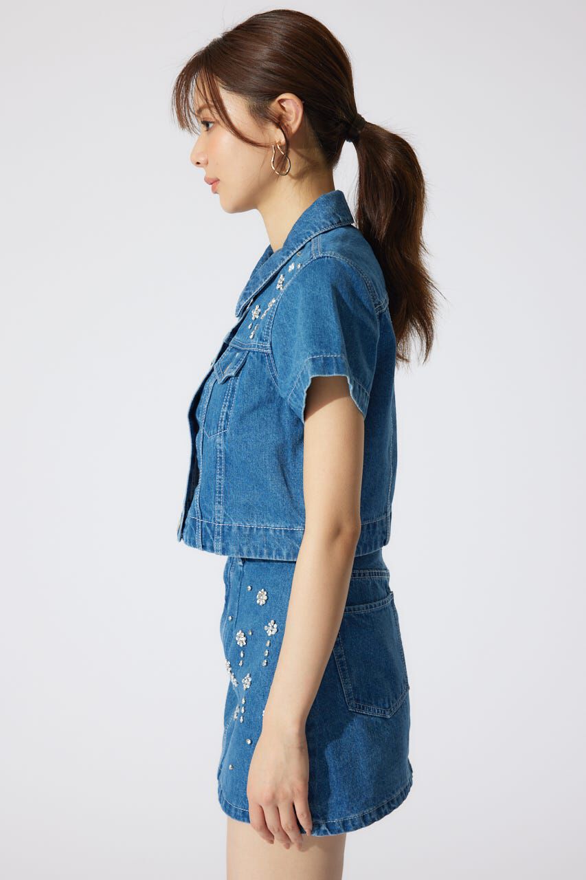 rienda「ミックスフラワービジューショートジャケット」|デニムジャケット|