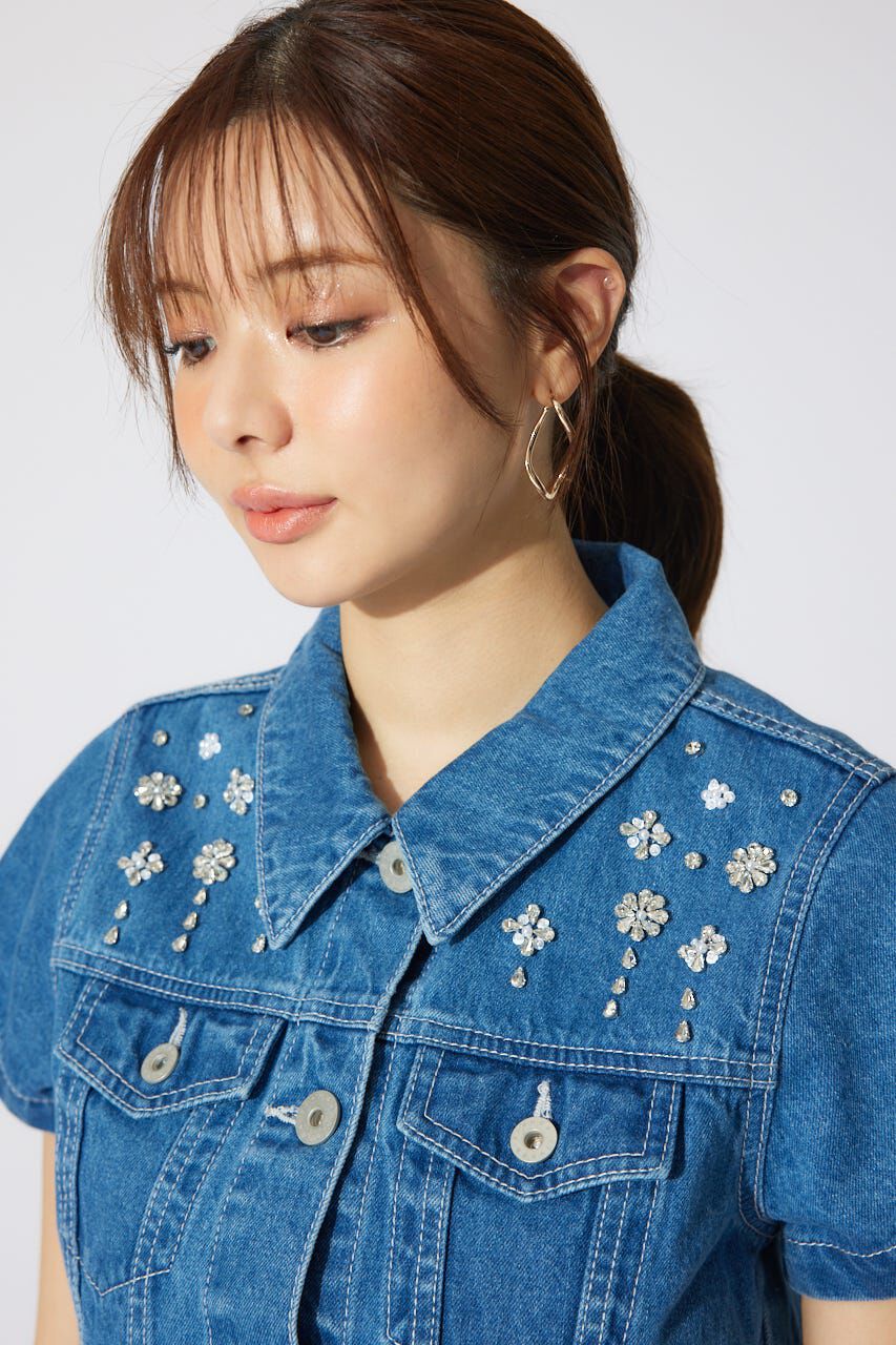 rienda「ミックスフラワービジューショートジャケット」|デニムジャケット|