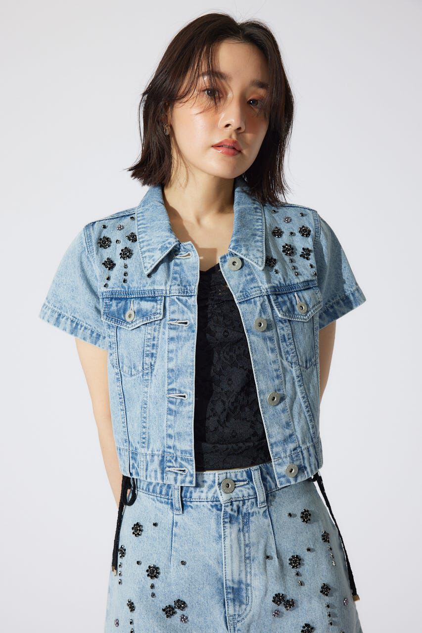 rienda「ミックスフラワービジューショートジャケット」|デニムジャケット|L/BLU1