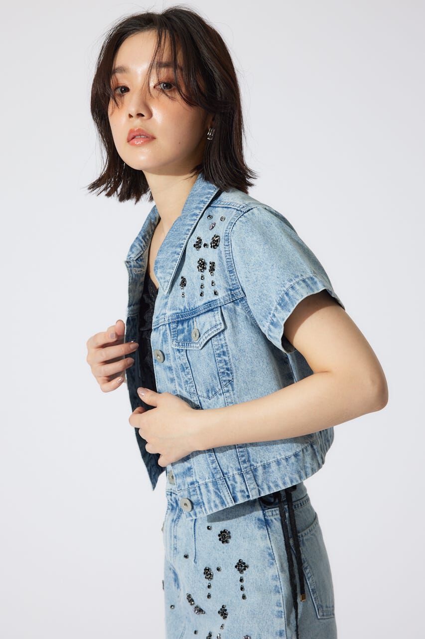 rienda「ミックスフラワービジューショートジャケット」|デニムジャケット|