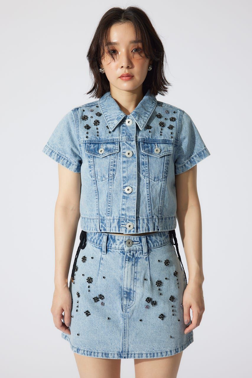 rienda「ミックスフラワービジューショートジャケット」|デニムジャケット|