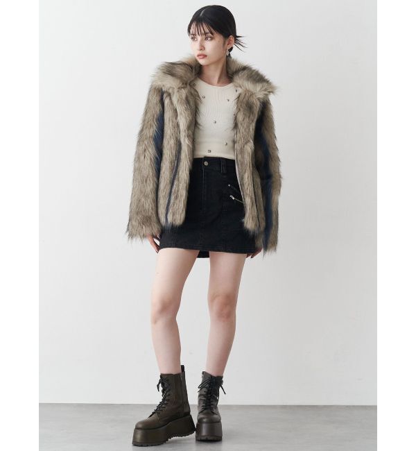 MURUA「フェイクファーラインジャガードコート」|ステンカラーコート|