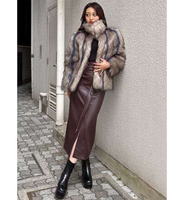 MURUA「フェイクファーラインジャガードコート」|ステンカラーコート|