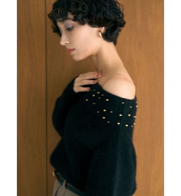 LAGUNAMOON「CHNラクーンブレンドビジューオフショルニットプルオーバー」|ニット・セーター|ブラック