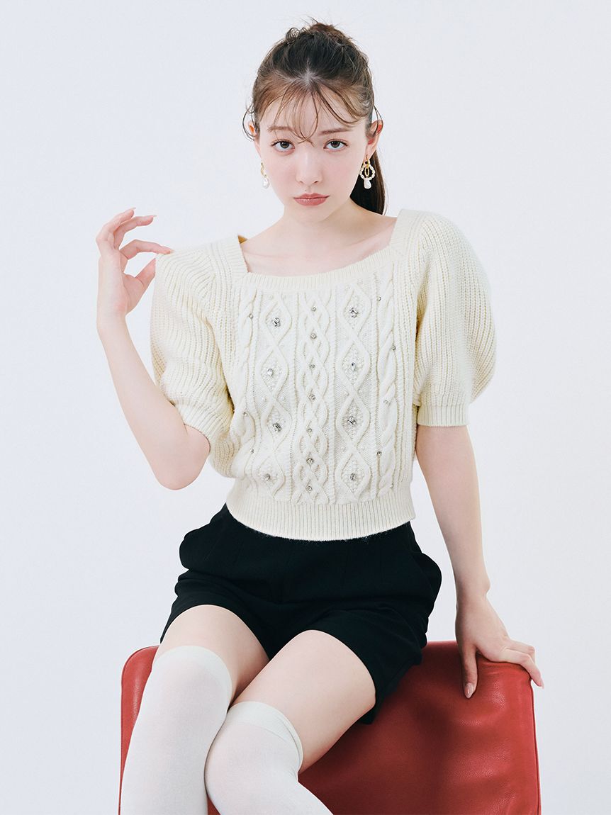 LILY BROWN「【WEB限定カラー】[L.B CANDY STOCK]シフォンリボンビジューニットトップス」|ニット・セーター|