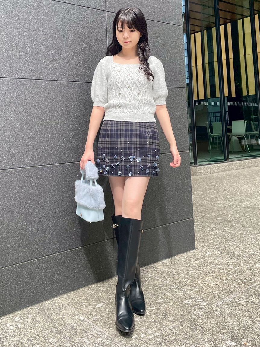 LILY BROWN「【WEB限定カラー】[L.B CANDY STOCK]シフォンリボンビジューニットトップス」|ニット・セーター|