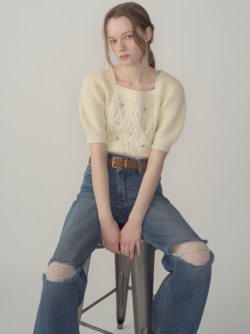 LILY BROWN「【WEB限定カラー】[L.B CANDY STOCK]シフォンリボンビジューニットトップス」|ニット・セーター|