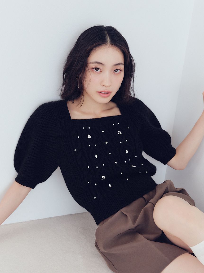 LILY BROWN「【WEB限定カラー】[L.B CANDY STOCK]シフォンリボンビジューニットトップス」|ニット・セーター|BLK