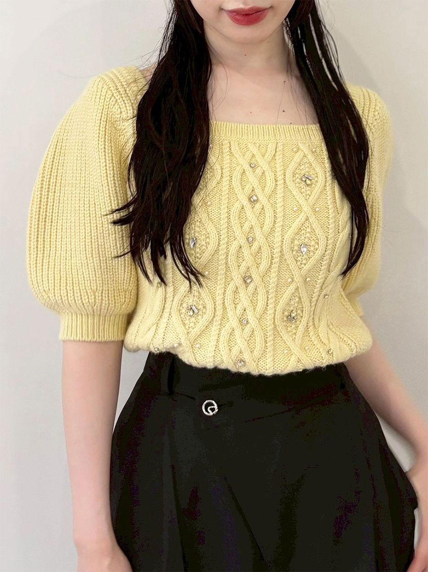 LILY BROWN「【WEB限定カラー】[L.B CANDY STOCK]シフォンリボンビジューニットトップス」|ニット・セーター|YEL