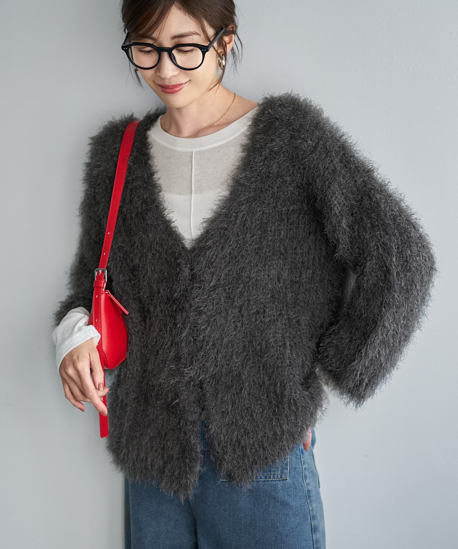 STYLE DELI「【LUXE】フェザーヤーンカーディガン」|ニット・セーター|チャコール