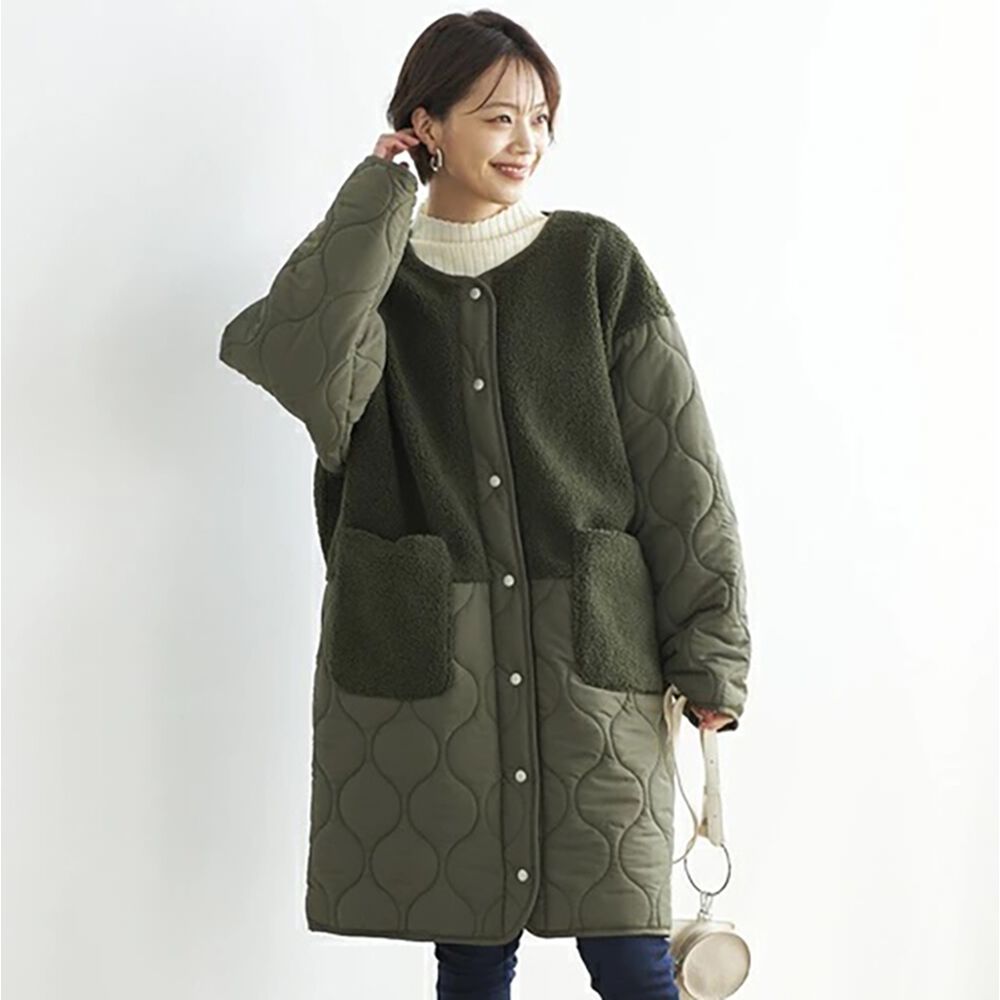 BACKYARD FAMILY「キルティングコート レディース 通販 ノーカラーコート ロングコート ノーカラージャケット 上着」|その他|グリーン1