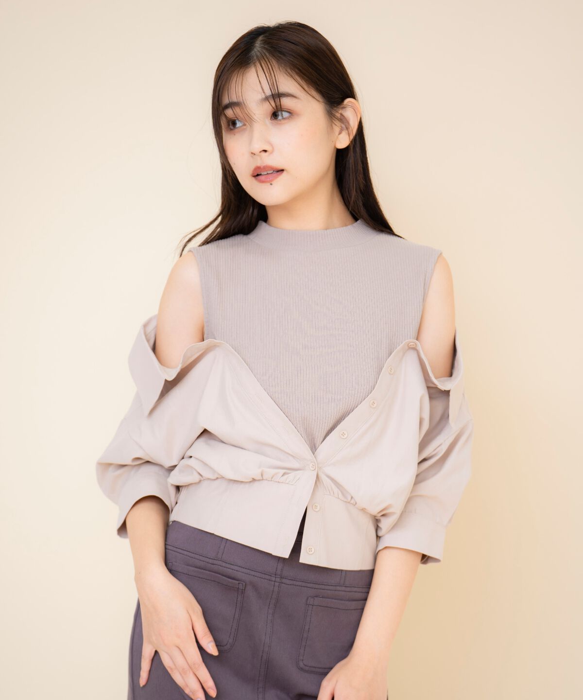 REDYAZEL「シャツレイヤードトップス」|Tシャツ・カットソー|ベージュ